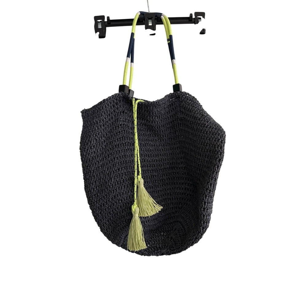 J.Crew Straw Tote Bag Gray Neon Yellow Tassel Rope‎ Handle Shoulder Bag